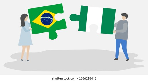 Couple holding two puzzles pieces with Brazilian and Nigerian flags. Brazil and Nigeria national symbols together.