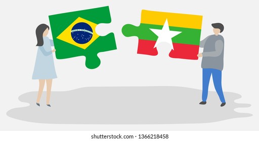 Couple holding two puzzles pieces with Brazilian and Burmese flags. Brazil and Myanmar national symbols together.