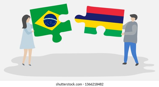 Couple holding two puzzles pieces with Brazilian and Mauritian flags. Brazil and Mauritius national symbols together.