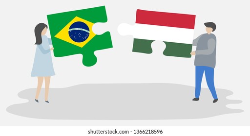 Couple holding two puzzles pieces with Brazilian and Hungarian flags. Brazil and Hungary national symbols together.
