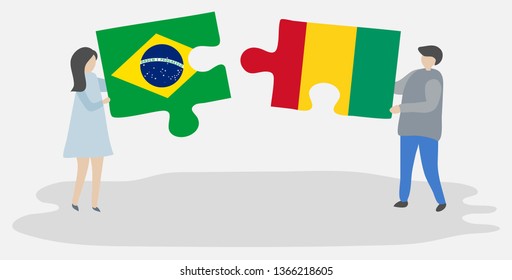 Couple holding two puzzles pieces with Brazilian and Guinean flags. Brazil and Guinea national symbols together.