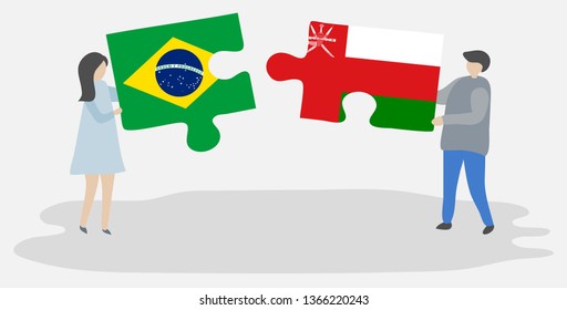 Couple holding two puzzles pieces with Brazilian and Omani flags. Brazil and Oman national symbols together.