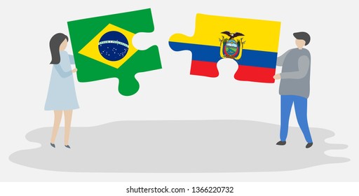 Couple holding two puzzles pieces with Brazilian and Ecuadorian flags. Brazil and Ecuador national symbols together.