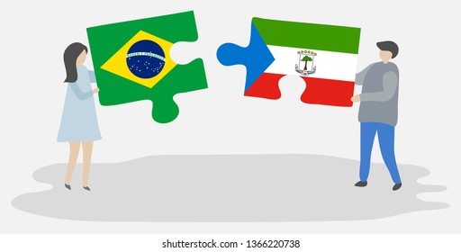 Couple holding two puzzles pieces with Brazilian and Equatorial Guinean flags. Brazil and Equatorial Guinea national symbols together.