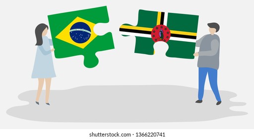 Couple holding two puzzles pieces with Brazilian and Dominican flags. Brazil and Dominica national symbols together.
