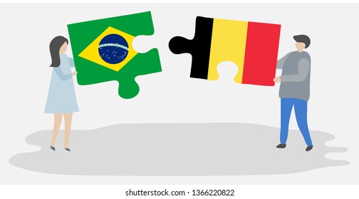 Couple holding two puzzles pieces with Brazilian and Belgian flags. Brazil and Belgium national symbols together.