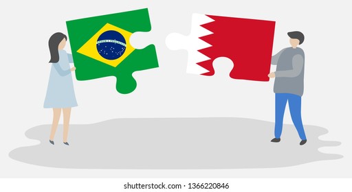 Couple holding two puzzles pieces with Brazilian and Bahraini flags. Brazil and Bahrain national symbols together.