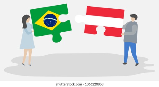 Couple holding two puzzles pieces with Brazilian and Austrian flags. Brazil and Austria national symbols together.