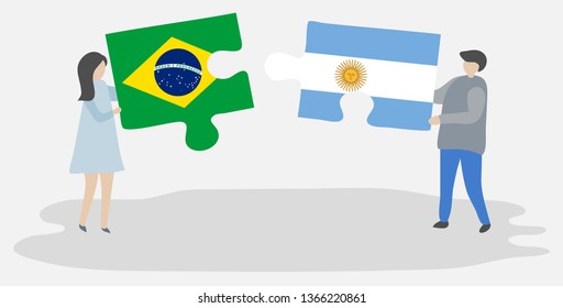 Couple holding two puzzles pieces with Brazilian and Argentine flags. Brazil and Argentina national symbols together.
