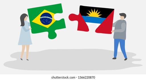 Couple holding two puzzles pieces with Brazilian and Antiguan flags. Brazil and Antigua and Barbuda national symbols together.