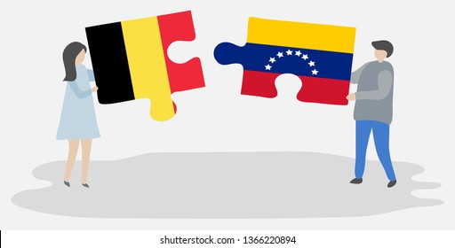 Couple holding two puzzles pieces with Belgian and Venezuelan flags. Belgium and Venezuela national symbols together.