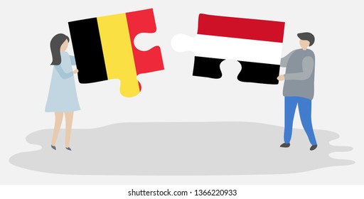 Couple holding two puzzles pieces with Belgian and Yemeni flags. Belgium and Yemen national symbols together.