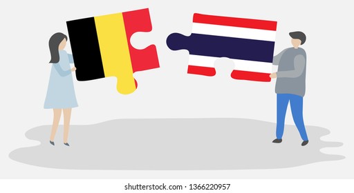 Couple holding two puzzles pieces with Belgian and Thai flags. Belgium and Thailand national symbols together.
