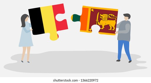 Couple holding two puzzles pieces with Belgian and Sri Lankan flags. Belgium and Sri Lanka national symbols together.
