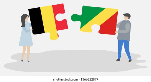 Couple holding two puzzles pieces with Belgian and Congolese flags. Belgium and Republic of the Congo national symbols together.