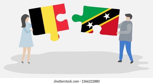 Couple holding two puzzles pieces with Belgian and Kittitian flags. Belgium and Saint Kitts and Nevis national symbols together.