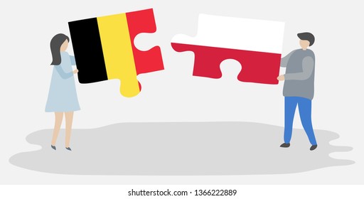 Couple holding two puzzles pieces with Belgian and Polish flags. Belgium and Poland national symbols together.