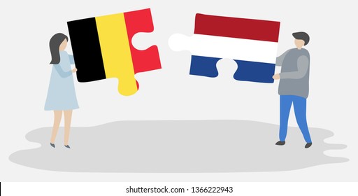 Couple holding two puzzles pieces with Belgian and Dutch flags. Belgium and Netherlands national symbols together.