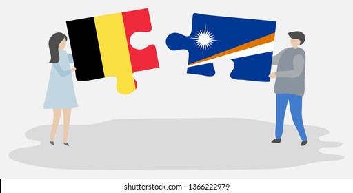 Couple holding two puzzles pieces with Belgian and Marshallese flags. Belgium and Marshall Islands national symbols together.