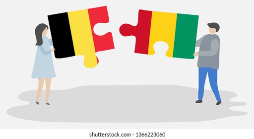 Couple holding two puzzles pieces with Belgian and Guinean flags. Belgium and Guinea national symbols together.