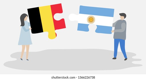Couple holding two puzzles pieces with Belgian and Argentine flags. Belgium and Argentina national symbols together.