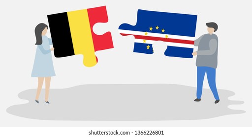 Couple holding two puzzles pieces with Belgian and Cabo Verdean flags. Belgium and Cape Verde national symbols together.