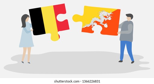 Couple holding two puzzles pieces with Belgian and Bhutanese flags. Belgium and Bhutan national symbols together.