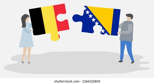 Couple holding two puzzles pieces with Belgian and Bosnian flags. Belgium and Bosnia and Herzegovina national symbols together.