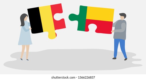 Couple holding two puzzles pieces with Belgian and Beninese flags. Belgium and Benin national symbols together.