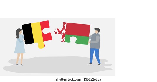 Couple holding two puzzles pieces with Belgian and Belarusian flags. Belgium and Belarus national symbols together.