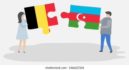 Couple holding two puzzles pieces with Belgian and Azerbaijani flags. Belgium and Azerbaijan national symbols together.