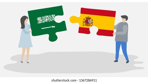 Couple holding two puzzles pieces with Saudi Arabian and Spanish flags. Saudi Arabia and Spain national symbols together.