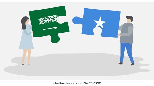 Couple holding two puzzles pieces with Saudi Arabian and Somali flags. Saudi Arabia and Somalia national symbols together.