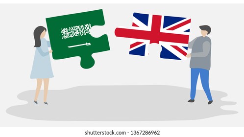 Couple holding two puzzles pieces with Saudi Arabian and British flags. Saudi Arabia and United Kingdom national symbols together.