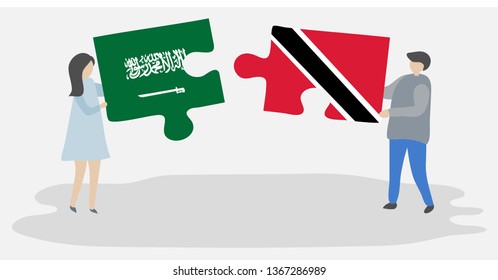 Couple holding two puzzles pieces with Saudi Arabian and Trinidadian flags. Saudi Arabia and Trinidad and Tobago national symbols together.