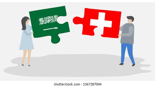 Couple holding two puzzles pieces with Saudi Arabian and Swiss flags. Saudi Arabia and Switzerland national symbols together.