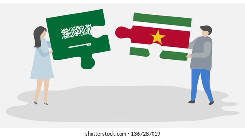 Couple holding two puzzles pieces with Saudi Arabian and Surinamese flags. Saudi Arabia and Suriname national symbols together.