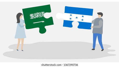 Couple holding two puzzles pieces with Saudi Arabian and Honduran flags. Saudi Arabia and Honduras national symbols together.