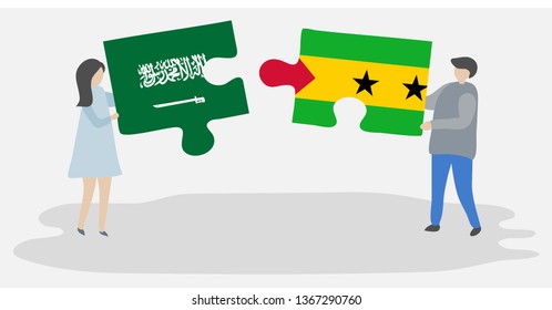 Couple holding two puzzles pieces with Saudi Arabian and Sao Tomean flags. Saudi Arabia and Sao Tome and Principe national symbols together.