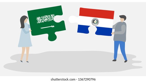 Couple holding two puzzles pieces with Saudi Arabian and Paraguayan flags. Saudi Arabia and Paraguay national symbols together.