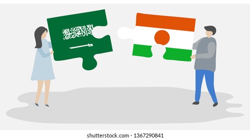 Couple holding two puzzles pieces with Saudi Arabian and Nigerien flags. Saudi Arabia and Niger national symbols together.