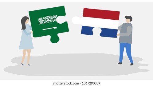Couple holding two puzzles pieces with Saudi Arabian and Dutch flags. Saudi Arabia and Netherlands national symbols together.
