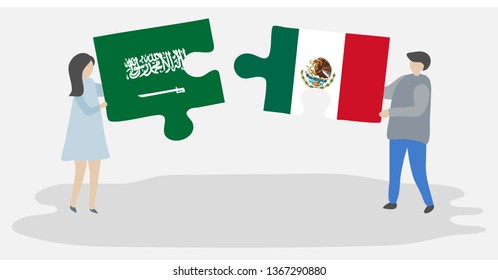 Couple holding two puzzles pieces with Saudi Arabian and Mexican flags. Saudi Arabia and Mexico national symbols together.