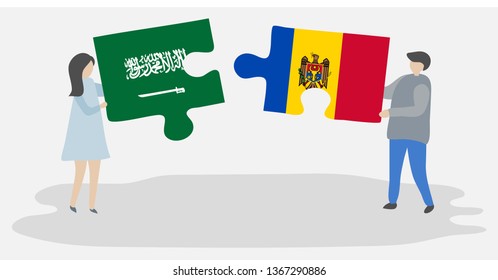 Couple holding two puzzles pieces with Saudi Arabian and Moldovan flags. Saudi Arabia and Moldova national symbols together.