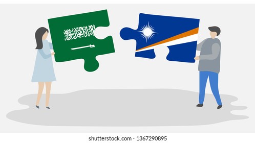 Couple holding two puzzles pieces with Saudi Arabian and Marshallese flags. Saudi Arabia and Marshall Islands national symbols together.