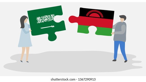 Couple holding two puzzles pieces with Saudi Arabian and Malawian flags. Saudi Arabia and Malawi national symbols together.