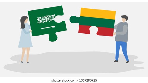 Couple holding two puzzles pieces with Saudi Arabian and Lithuanian flags. Saudi Arabia and Lithuania national symbols together.
