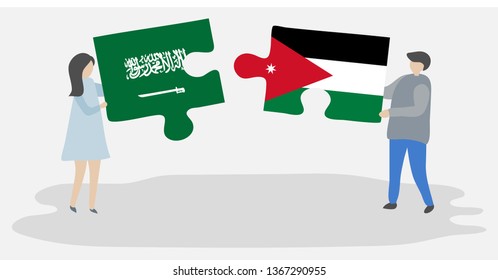 Couple holding two puzzles pieces with Saudi Arabian and Jordanian flags. Saudi Arabia and Jordan national symbols together.