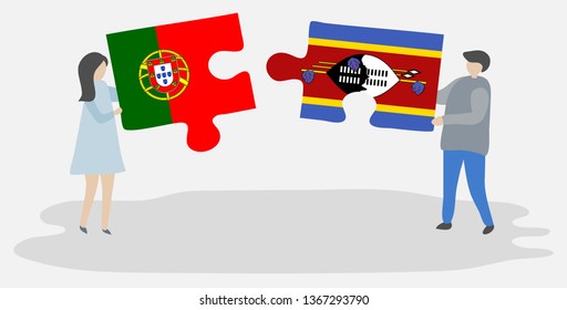 Couple holding two puzzles pieces with Portuguese and Swazi flags. Portugal and Swaziland national symbols together.
