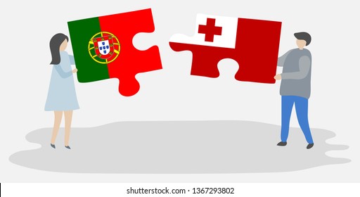 Couple holding two puzzles pieces with Portuguese and Tongan flags. Portugal and Tonga national symbols together.